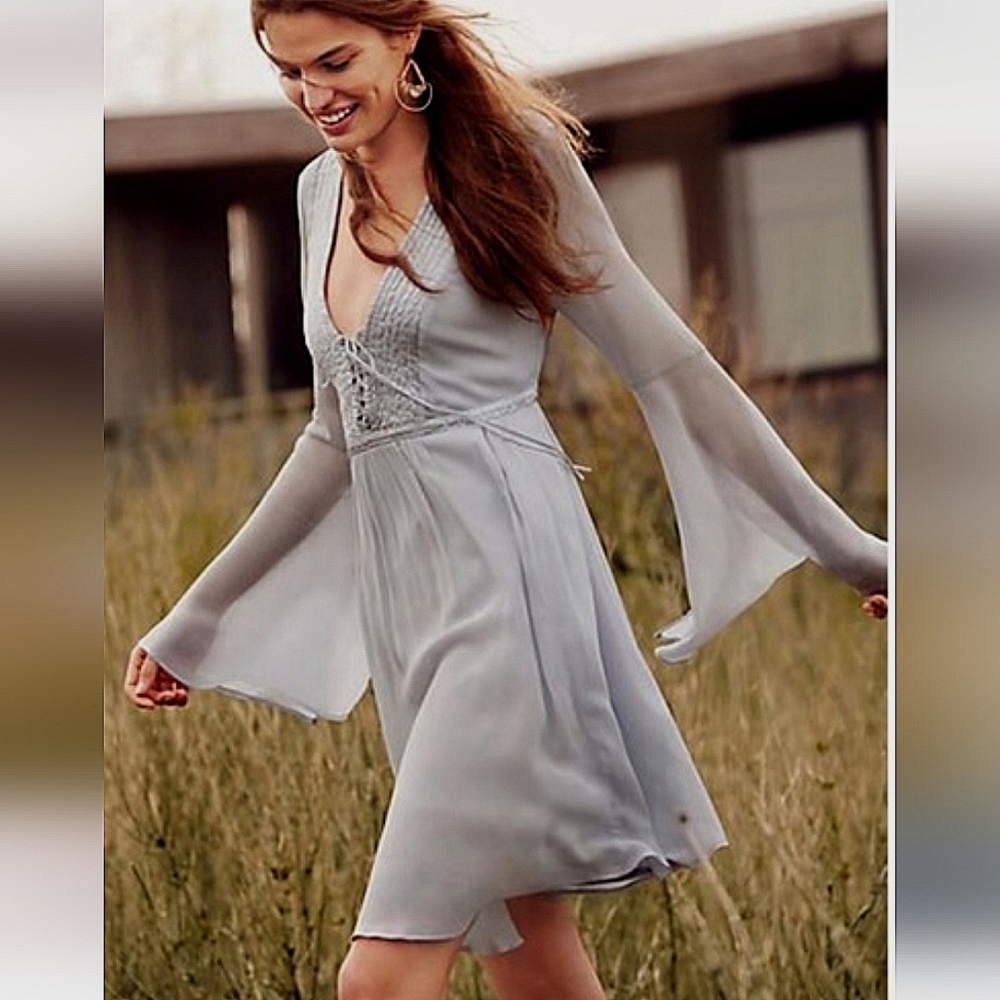 ANTHRO Ghost London Belled Grey Peasant Dress